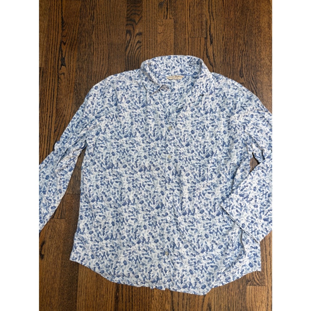 Jachs Girlfriend Button Down Women XL Blue White Botanical Floral Rayon Shirt